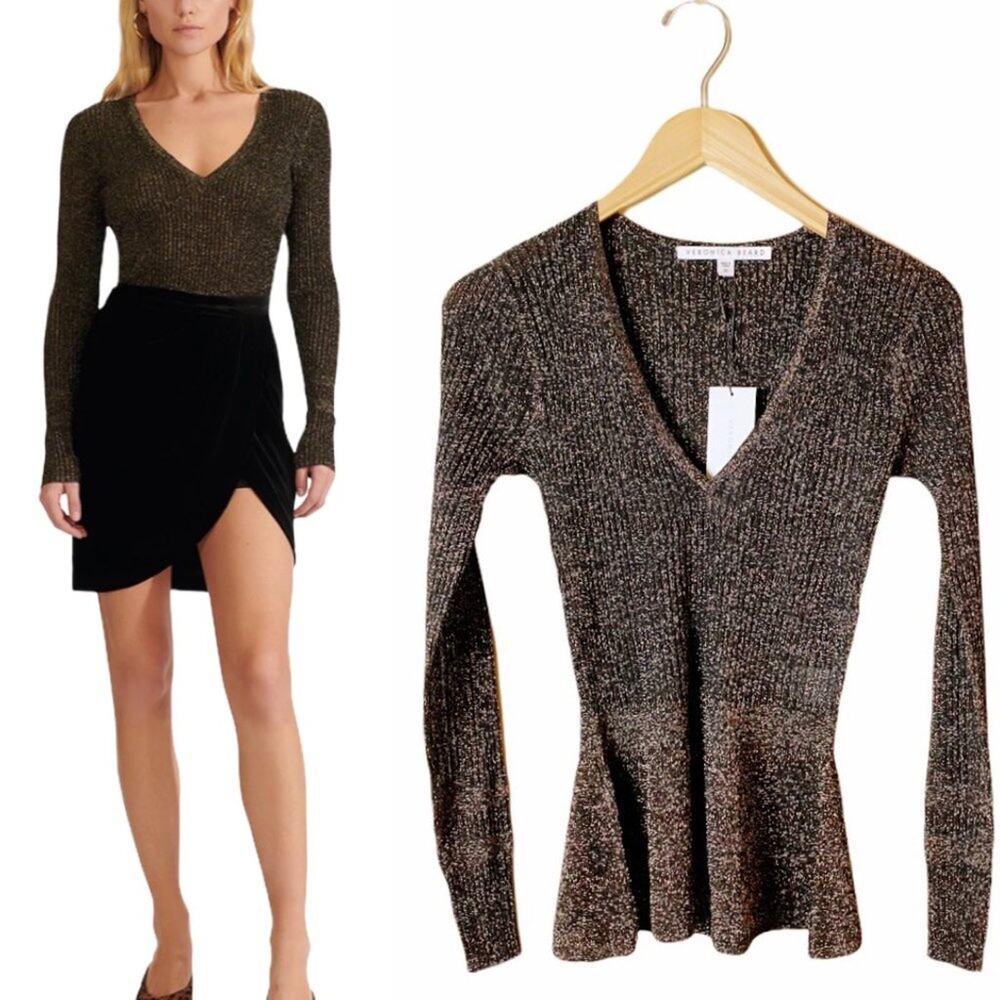 VERONICA BEARD Esmeralda Ribbed Sweater Black Metallic Peplum V-Neck Pullover XS